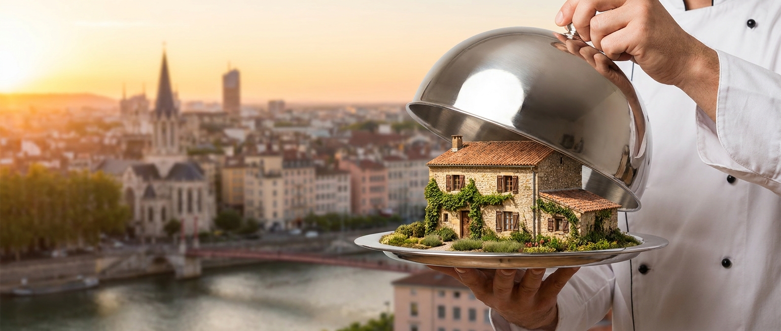 Lyon vue depuis Fourvière avec une maison servie sur un plateau